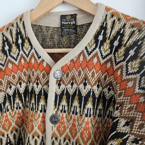 Vintage Renoir Norvyk Fair Isle Cardigan Sweater Large Virgin Wool 80s